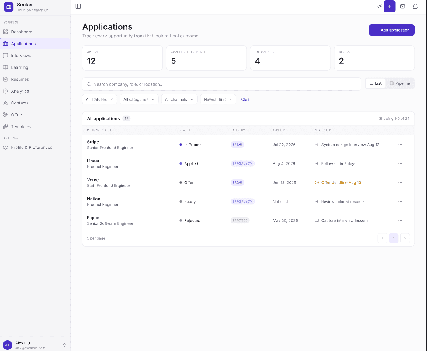 Seeker applications list showing company, role, status, and next step for every tracked opportunity