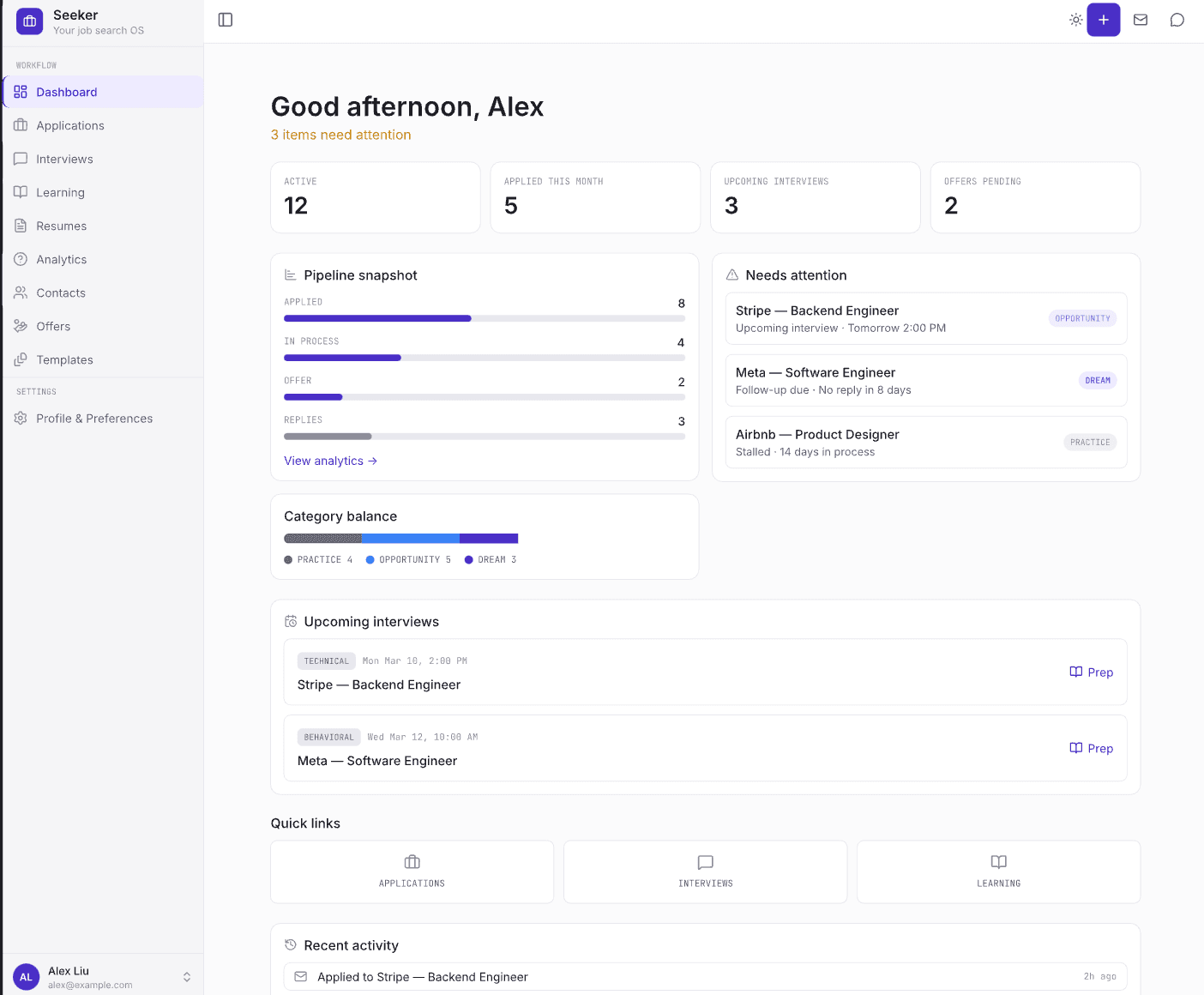 Seeker dashboard showing pipeline snapshot, category balance, and upcoming interviews at a glance