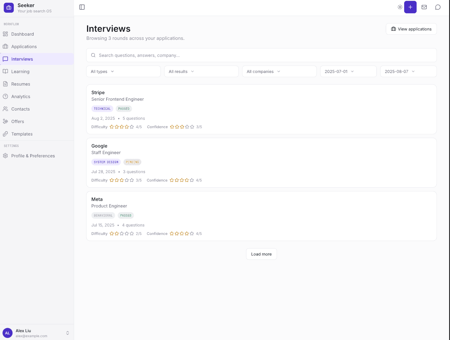 Seeker interview log showing difficulty and confidence ratings across rounds at Stripe, Google, and Meta